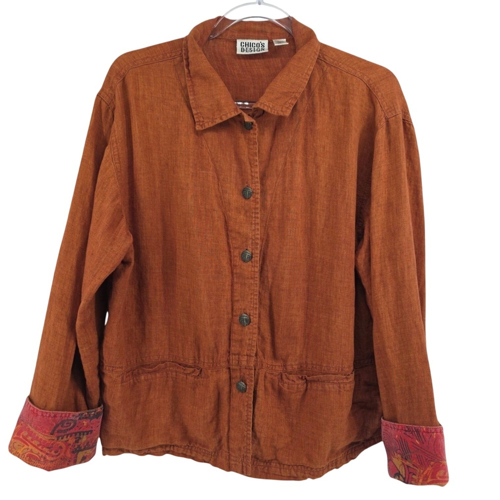 Chicos Linen Button Long Sleeve Orange Brown Shirt Top Womens Large